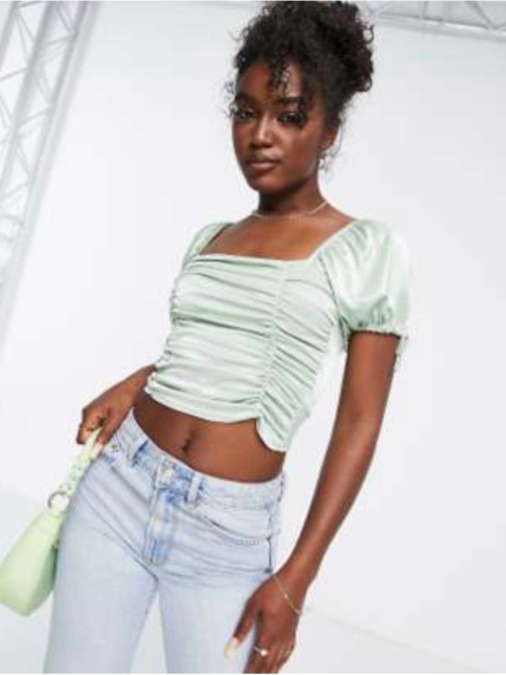 ASOS Mint Ruched Square Neck Puff Sleeve Crop Top